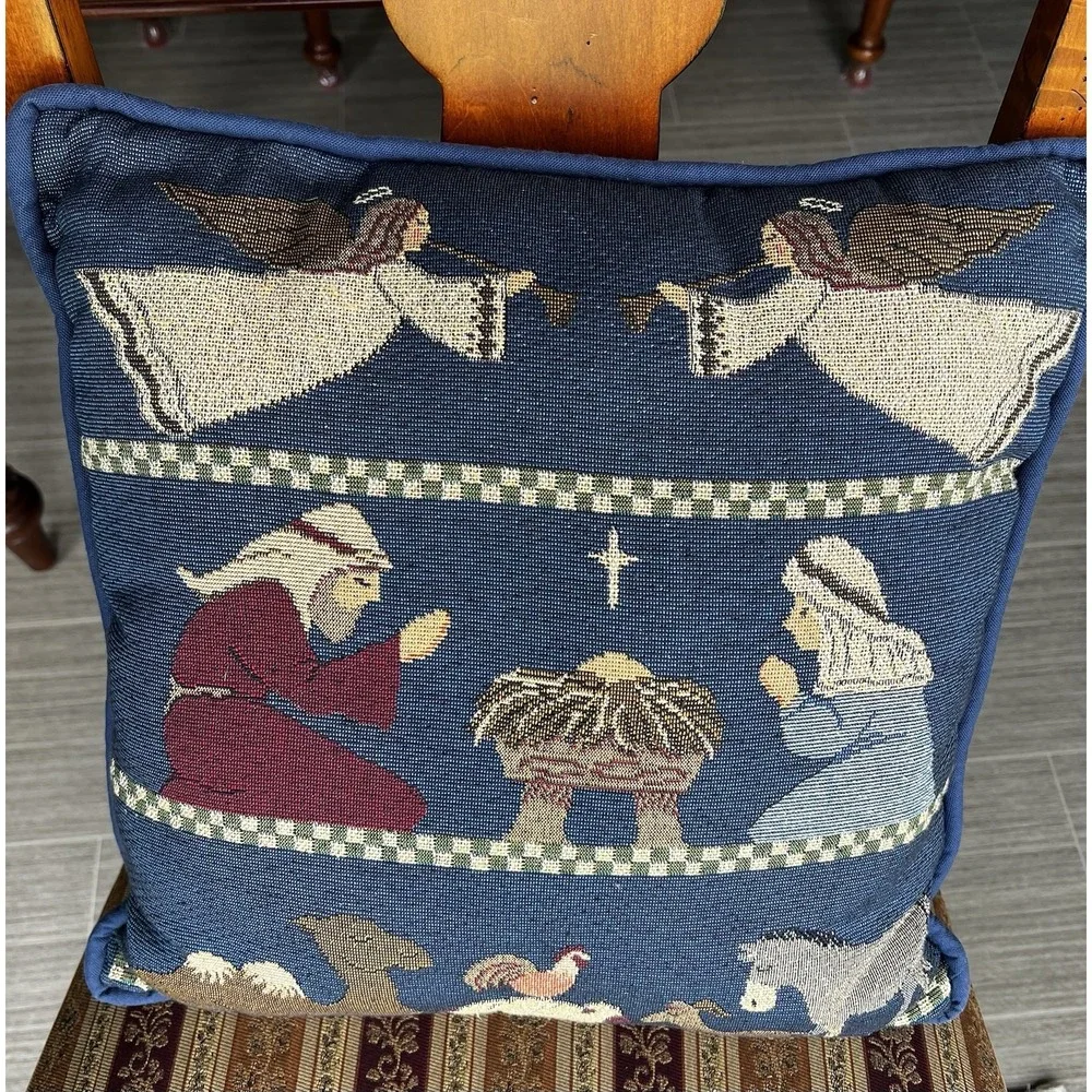 Nativity Tapestry Pillow Jesus Mary Joseph Manger Angels Animals Christmas 16x16